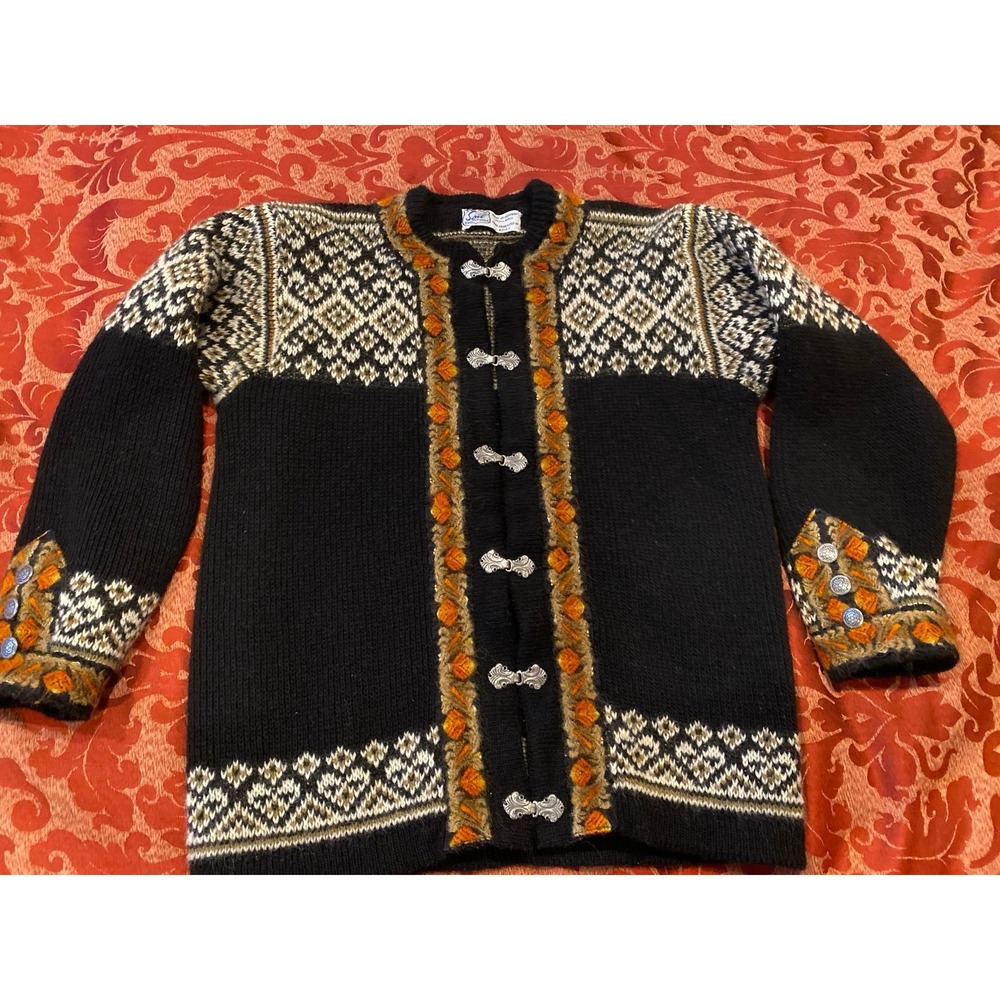Vintage Norway Wool Siril Sweater Shop Small Cardigan Pewter Clasps Closure s66